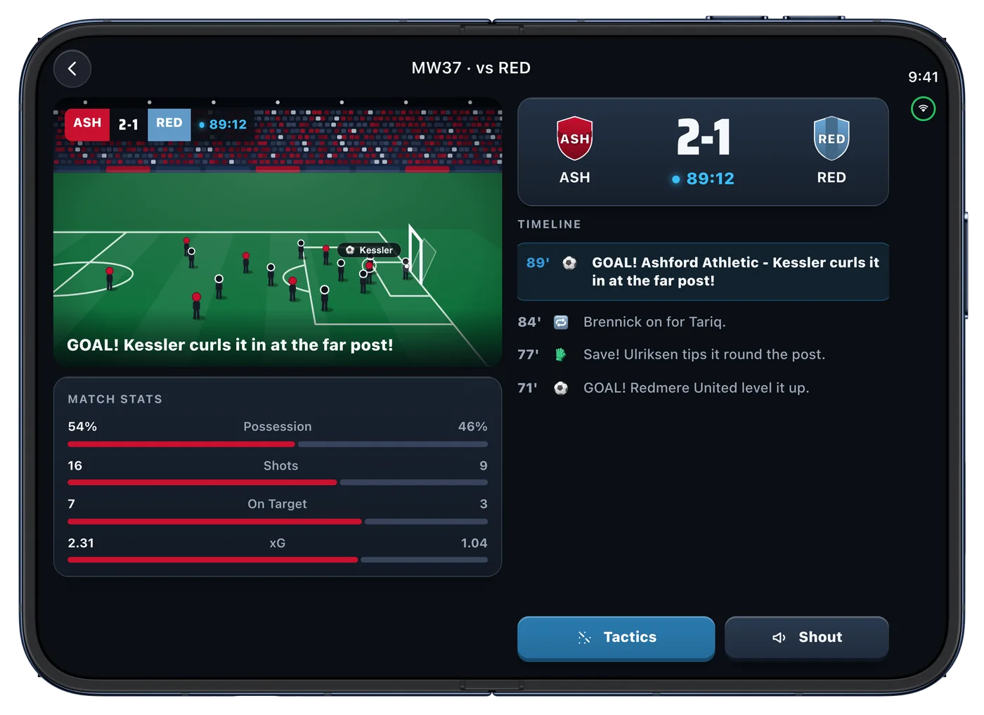 FC Sim 27 live match on the iPhone Duo inner display: the Broadcast 3D pitch and match stats beside the scoreboard, timeline and Tactics and Shout controls