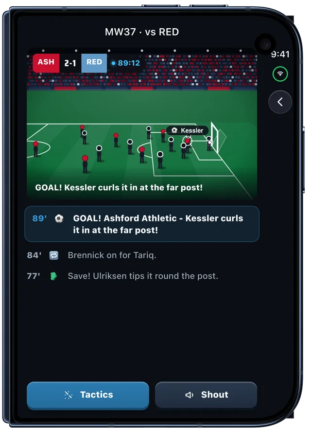 FC Sim 27 live match on the iPhone Duo cover display, with the back button in the vertical rail